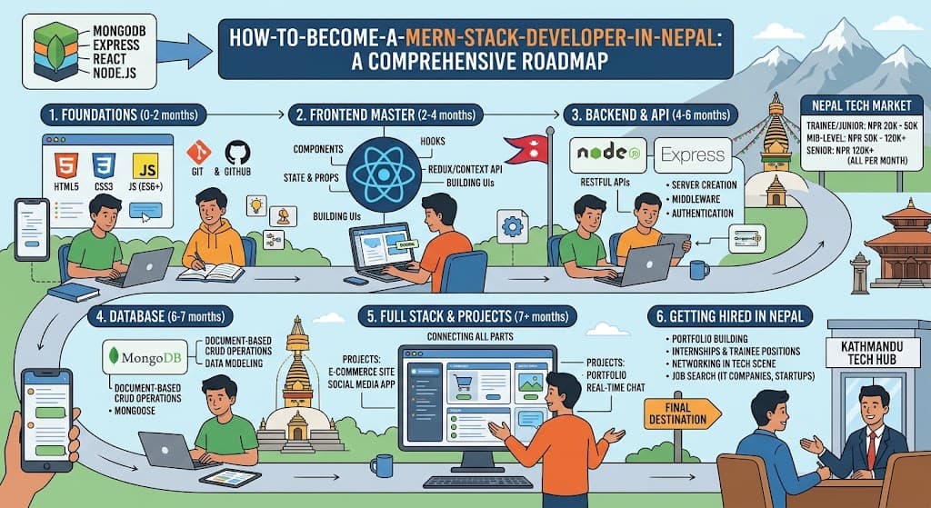 How to become a MERN stack developer in Nepal: a roadmap covering MongoDB, Express, React, and Node.js skills, projects, and career growth.