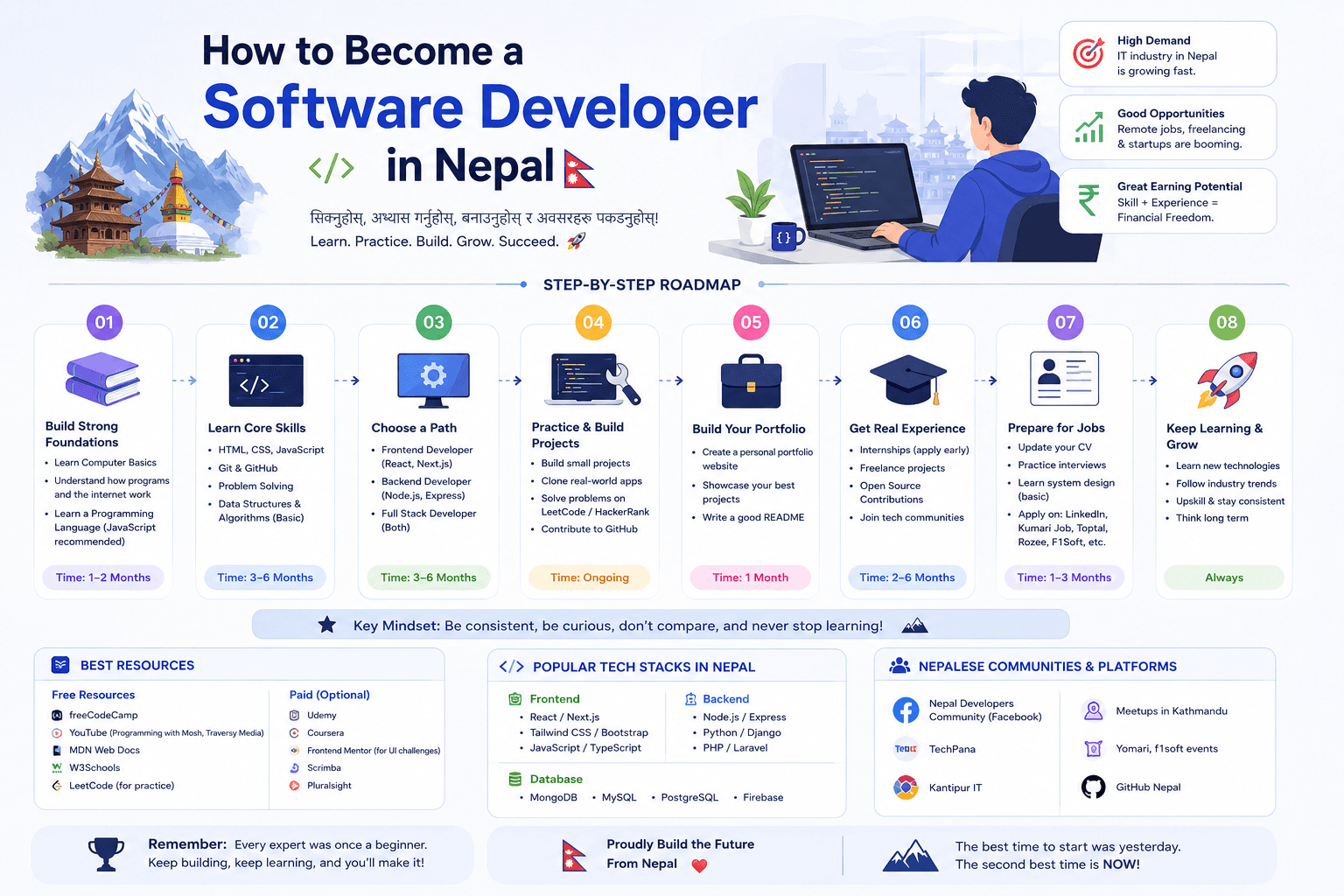 How to become a software developer in Nepal: a practical career roadmap covering skills, projects, hiring realities, and growth from Kathmandu.
