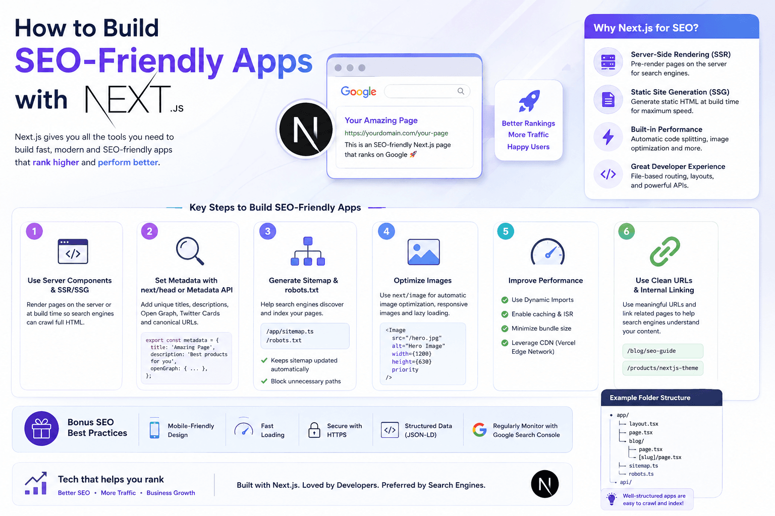 How to build SEO-friendly apps with Next.js: crawlable routes, metadata, rendering strategy, and Core Web Vitals for search-ready React apps.