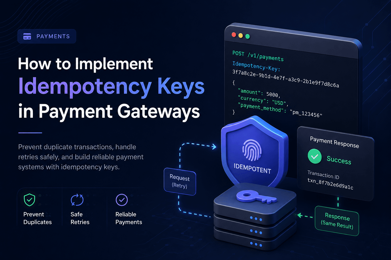 How to implement idempotency keys in payment gateways: a retry request returns the same stored payment result instead of creating a duplicate charge.
