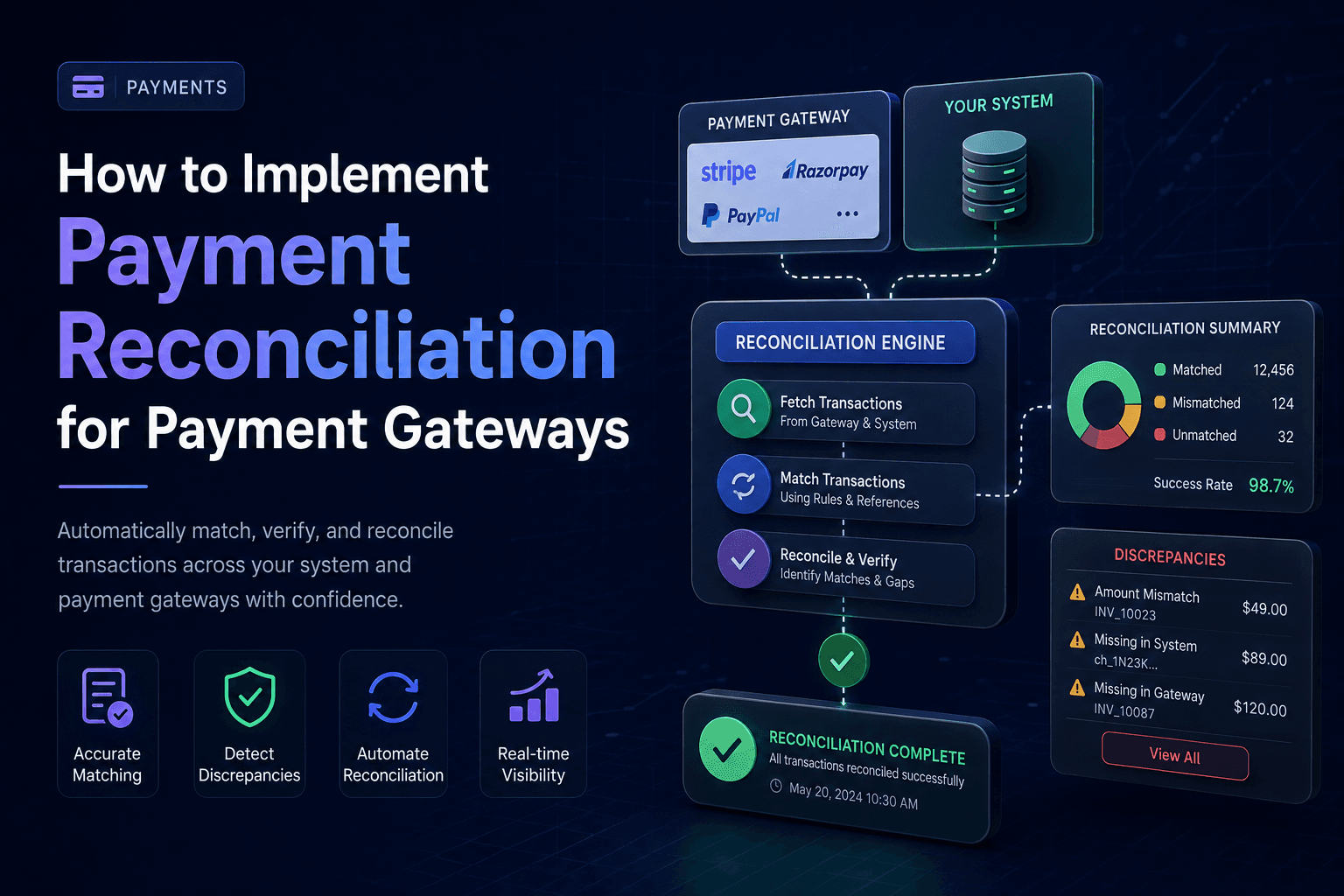 How to implement payment reconciliation for payment gateways: matching gateway settlements to an internal ledger, then classifying matched, mismatched, and unmatched transactions.